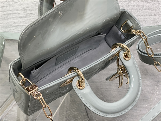 CD Small Lady D-Joy Bag Patent Cannage Calfskin Gold Tone Metal Stone Grey