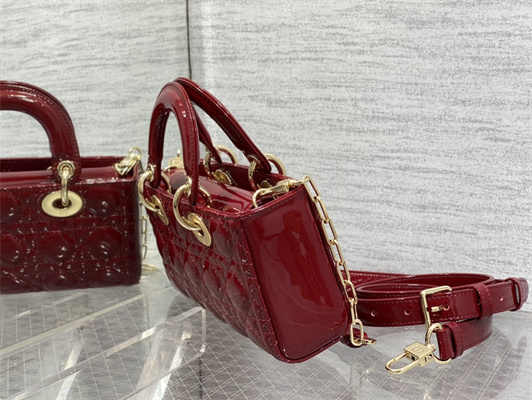 CD Small Lady D-Joy Bag Patent Cannage Calfskin Gold Tone Metal Cherry Red