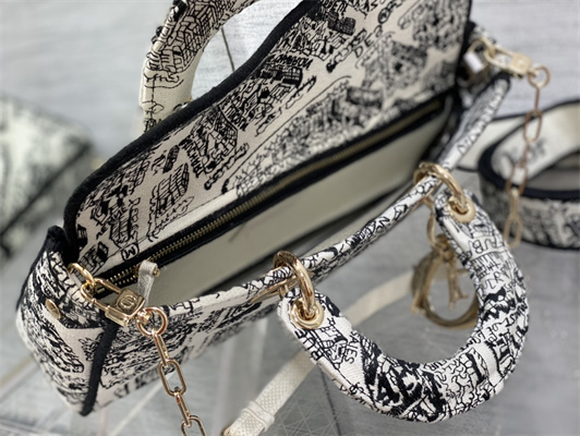 CD Medium Lady D-Joy Bag Plan de Paris Embroidery White and Black