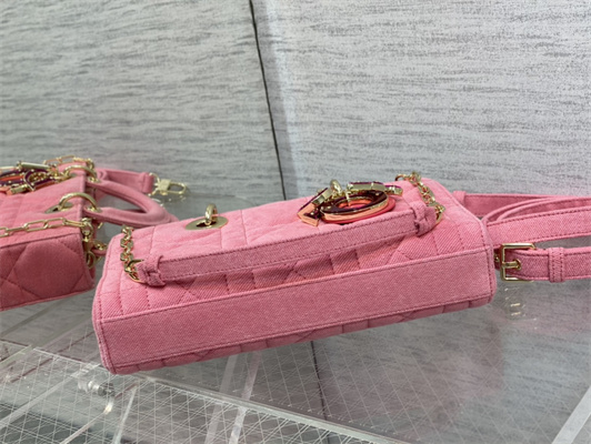 CD Medium Lady D-Joy Bag Cannage Denim Pink Gold Tone Metal