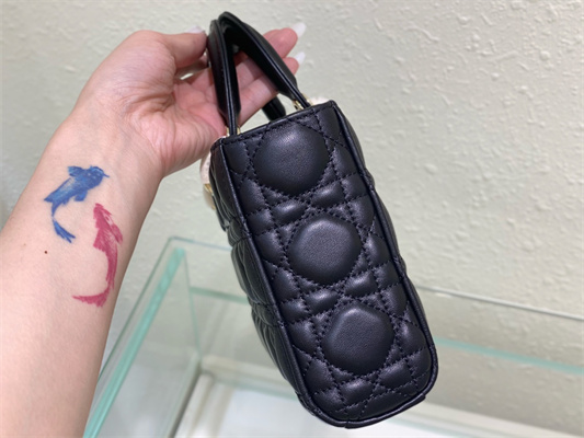 CD Medium Lady D-Joy Bag Cannage Lambskin Gold Tone Metal Black