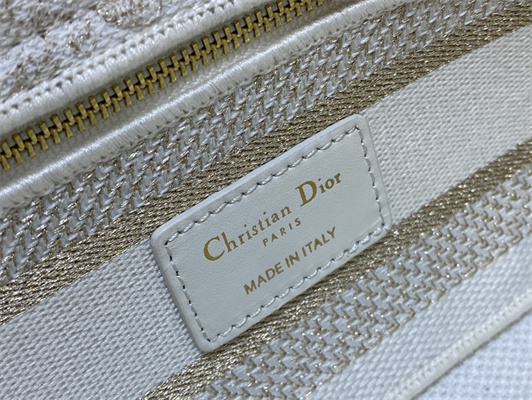 CD Medium Lady D-Joy Bag Jardin d’Hiver Embroidery Gold Tone and White