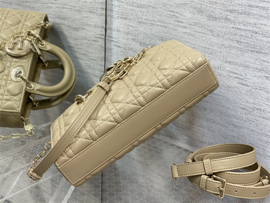 CD Medium Lady D-Joy Bag Cannage Lambskin Gold Tone Metal Beige