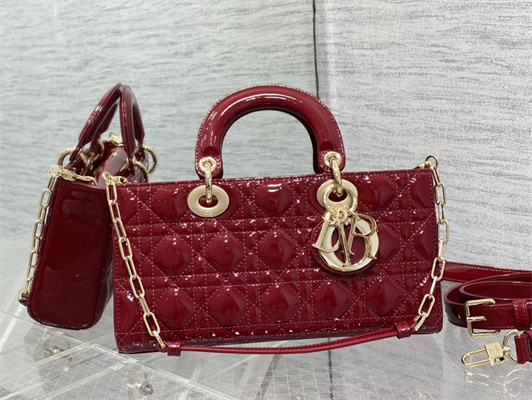 CD Medium Lady D-Joy Bag Patent Cannage Calfskin Gold Tone Metal Cherry Red