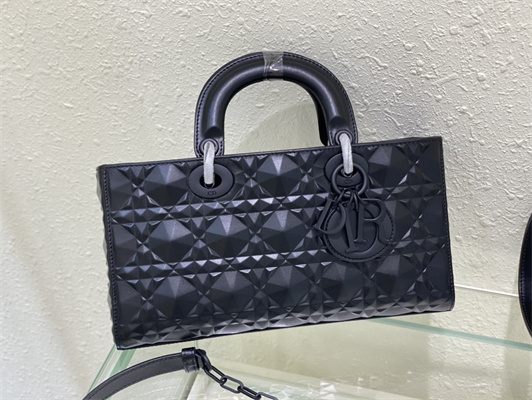 CD Medium Lady D-Joy Bag Cannage Calfskin With Diamond Motif Black