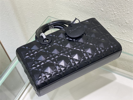 CD Medium Lady D-Joy Bag Cannage Calfskin With Diamond Motif Black