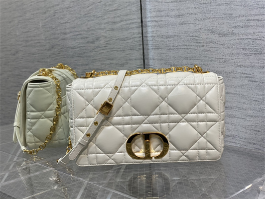 CD Large Di.or Caro Bag Quilted Macrocannage Calfskin Gold Tone Metal White