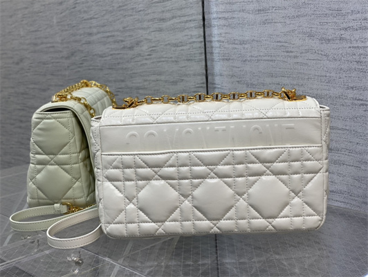 CD Large Di.or Caro Bag Quilted Macrocannage Calfskin Gold Tone Metal White