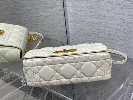 CD Large Di.or Caro Bag Quilted Macrocannage Calfskin Gold Tone Metal White
