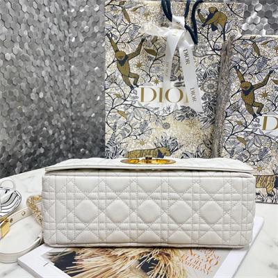 CD Large Di.or Caro Bag Supple Cannage Calfskin Gold Tone Metal White