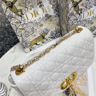 CD Large Di.or Caro Bag Supple Cannage Calfskin Gold Tone Metal White