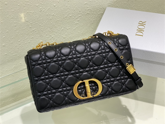 CD Large Di.or Caro Bag Supple Cannage Calfskin Gold Tone Metal Black