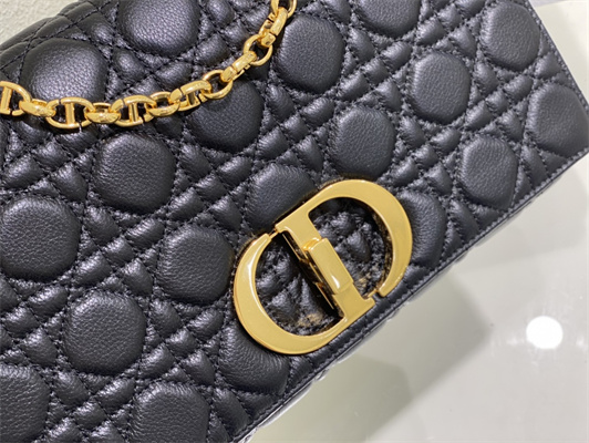 CD Large Di.or Caro Bag Supple Cannage Calfskin Gold Tone Metal Black