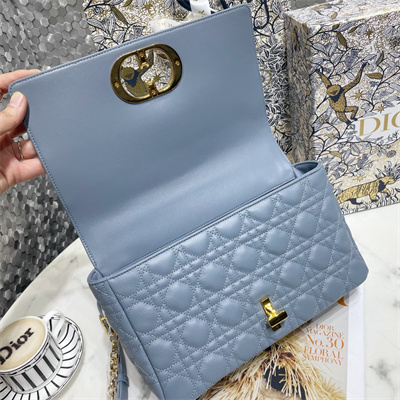 CD Large Di.or Caro Bag Supple Cannage Calfskin Gold Tone Metal Blue