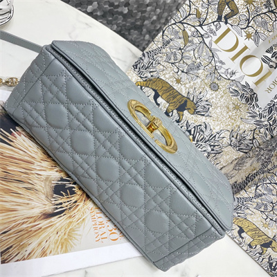 CD Large Di.or Caro Bag Supple Cannage Calfskin Gold Tone Metal Stone Grey