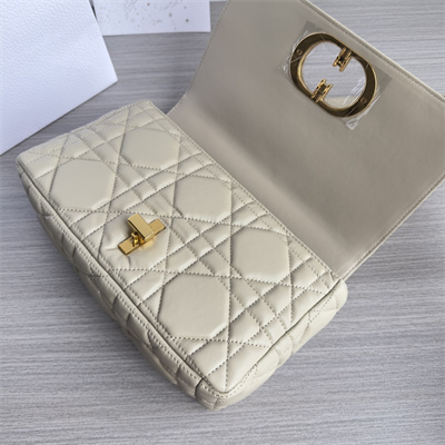 CD Medium Di.or Caro Bag Quilted Macrocannage Calfskin Gold Tone Metal Beige