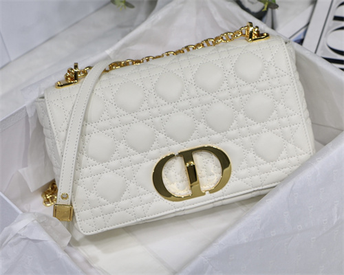 CD Medium Di.or Caro Bag Supple Cannage Calfskin Gold Tone Metal White