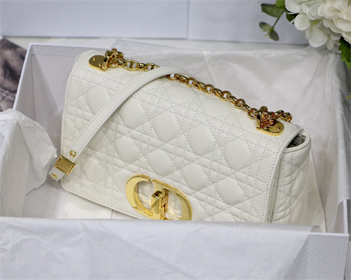 CD Medium Di.or Caro Bag Supple Cannage Calfskin Gold Tone Metal White