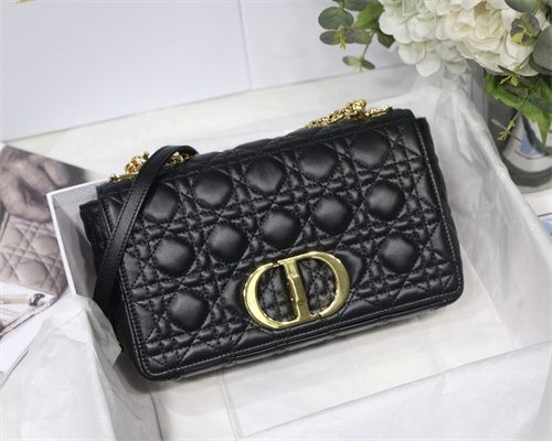 CD Medium Di.or Caro Bag Supple Cannage Calfskin Gold Tone Metal Black
