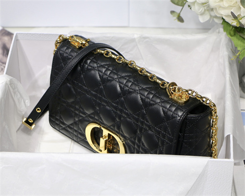 CD Medium Di.or Caro Bag Supple Cannage Calfskin Gold Tone Metal Black