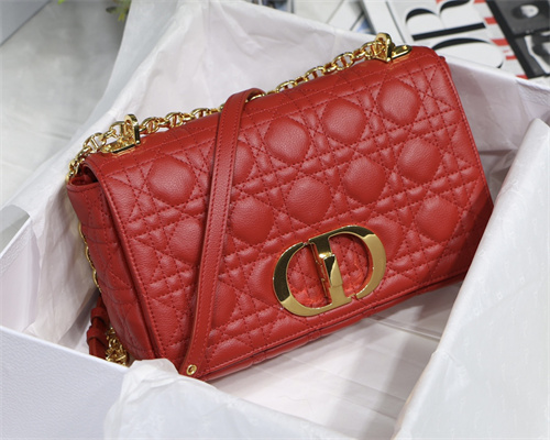 CD Medium Di.or Caro Bag Supple Cannage Calfskin Gold Tone Metal Red