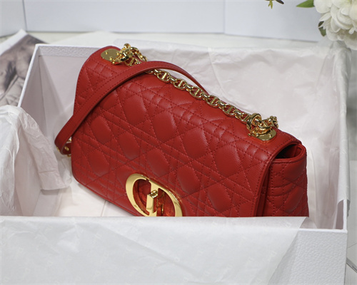 CD Medium Di.or Caro Bag Supple Cannage Calfskin Gold Tone Metal Red