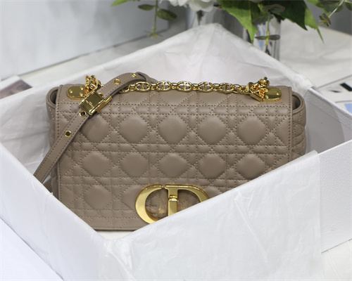 CD Medium Di.or Caro Bag Supple Cannage Calfskin Gold Tone Metal Taupe