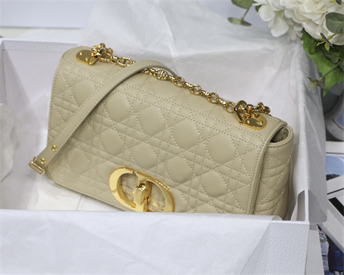 CD Medium Di.or Caro Bag Supple Cannage Calfskin Gold Tone Metal Beige