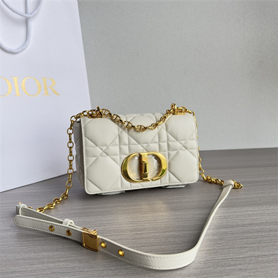 CD Small Di.or Caro Bag Quilted Macrocannage Calfskin Gold Tone Metal White