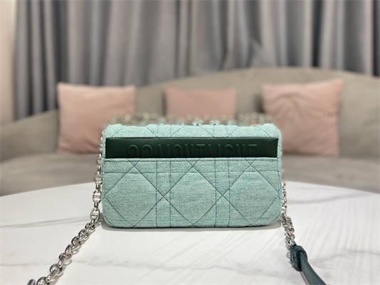 CD Small Di.or Caro Bag Macrocannage Linen Silver Tone Metal Green