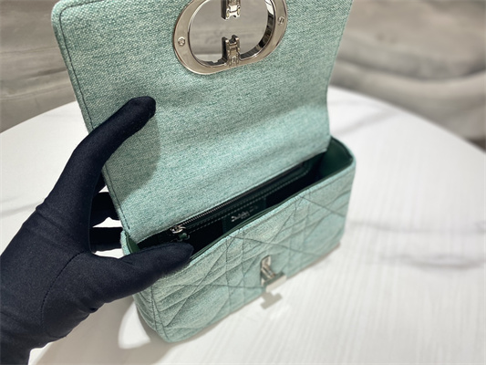 CD Small Di.or Caro Bag Macrocannage Linen Silver Tone Metal Green
