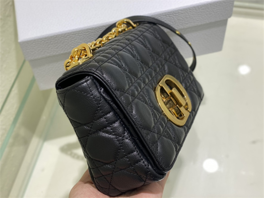 CD Small Di.or Caro Bag Supple Cannage Calfskin Gold Tone Metal Black