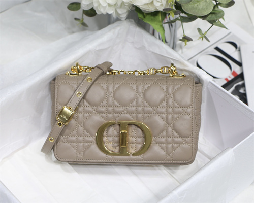 CD Small Di.or Caro Bag Supple Cannage Calfskin Gold Tone Metal Taupe