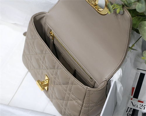 CD Small Di.or Caro Bag Supple Cannage Calfskin Gold Tone Metal Taupe