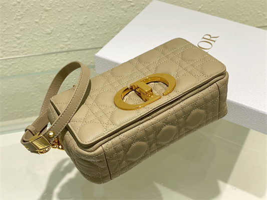 CD Small Di.or Caro Bag Supple Cannage Calfskin Gold Tone Metal Beige