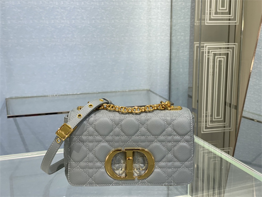 CD Small Di.or Caro Bag Supple Cannage Calfskin Gold Tone Metal Stone Grey
