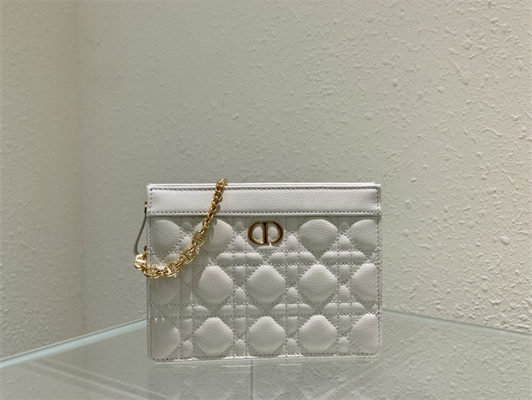 CD Caro Zipped Pouch Supple Cannage Calfskin Gold Tone Metal White