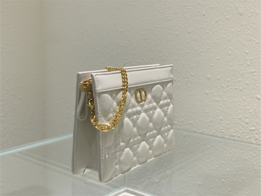 CD Caro Zipped Pouch Supple Cannage Calfskin Gold Tone Metal White