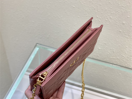 CD Caro Zipped Pouch Supple Cannage Calfskin Gold Tone Metal Pink