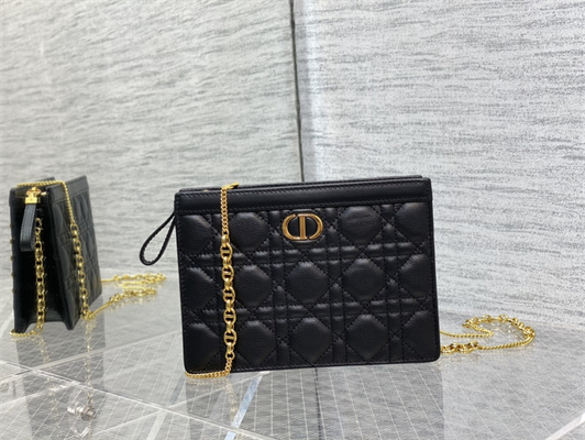 CD Caro Zipped Pouch Supple Cannage Calfskin Gold Tone Metal Black