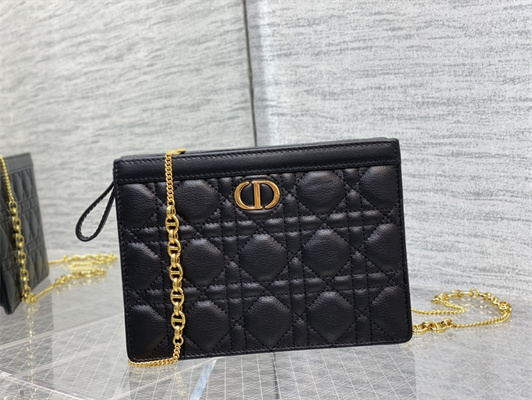 CD Caro Zipped Pouch Supple Cannage Calfskin Gold Tone Metal Black