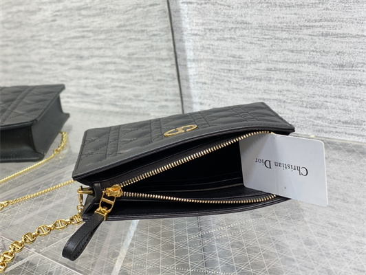 CD Caro Zipped Pouch Supple Cannage Calfskin Gold Tone Metal Black