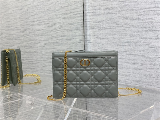 CD Caro Zipped Pouch Supple Cannage Calfskin Gold Tone Metal Stone Grey