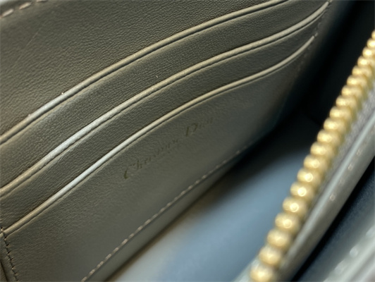 CD Caro Zipped Pouch Supple Cannage Calfskin Gold Tone Metal Stone Grey