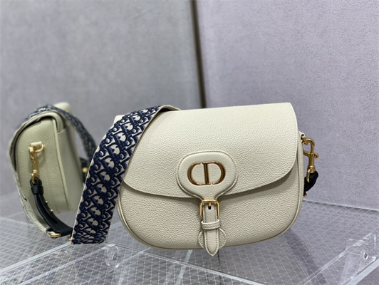 CD Large Di.or Bobby Bag White Grained Calfskin With Blue Di.or Oblique Emb Shoulder Strap