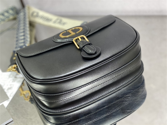 CD Large Di.or Bobby Bag Black Box Calfskin With Blue Di.or Oblique Emb Shoulder Strap