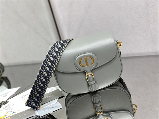 CD Large Di.or Bobby Bag Stone Grey Box Calfskin With Blue Di.or Oblique Emb Shoulder Strap