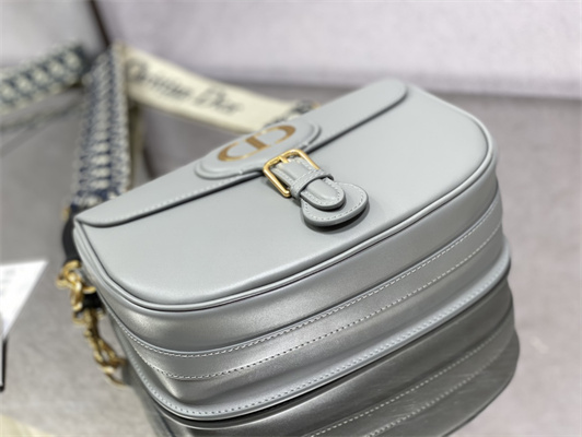 CD Large Di.or Bobby Bag Stone Grey Box Calfskin With Blue Di.or Oblique Emb Shoulder Strap