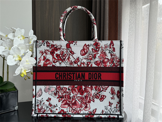 CD Large Book Tote Le C?ur des Papillons Embroidery White and Red
