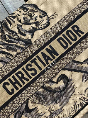 CD Medium Book Tote Jute Canvas Embroidery With Tiger